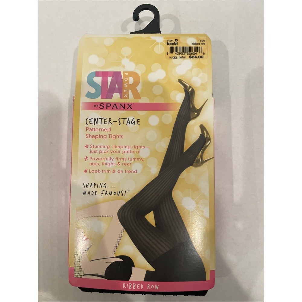 Star Power by Spanx Patterned Shaping Tights Size D Black Ribbed NIB